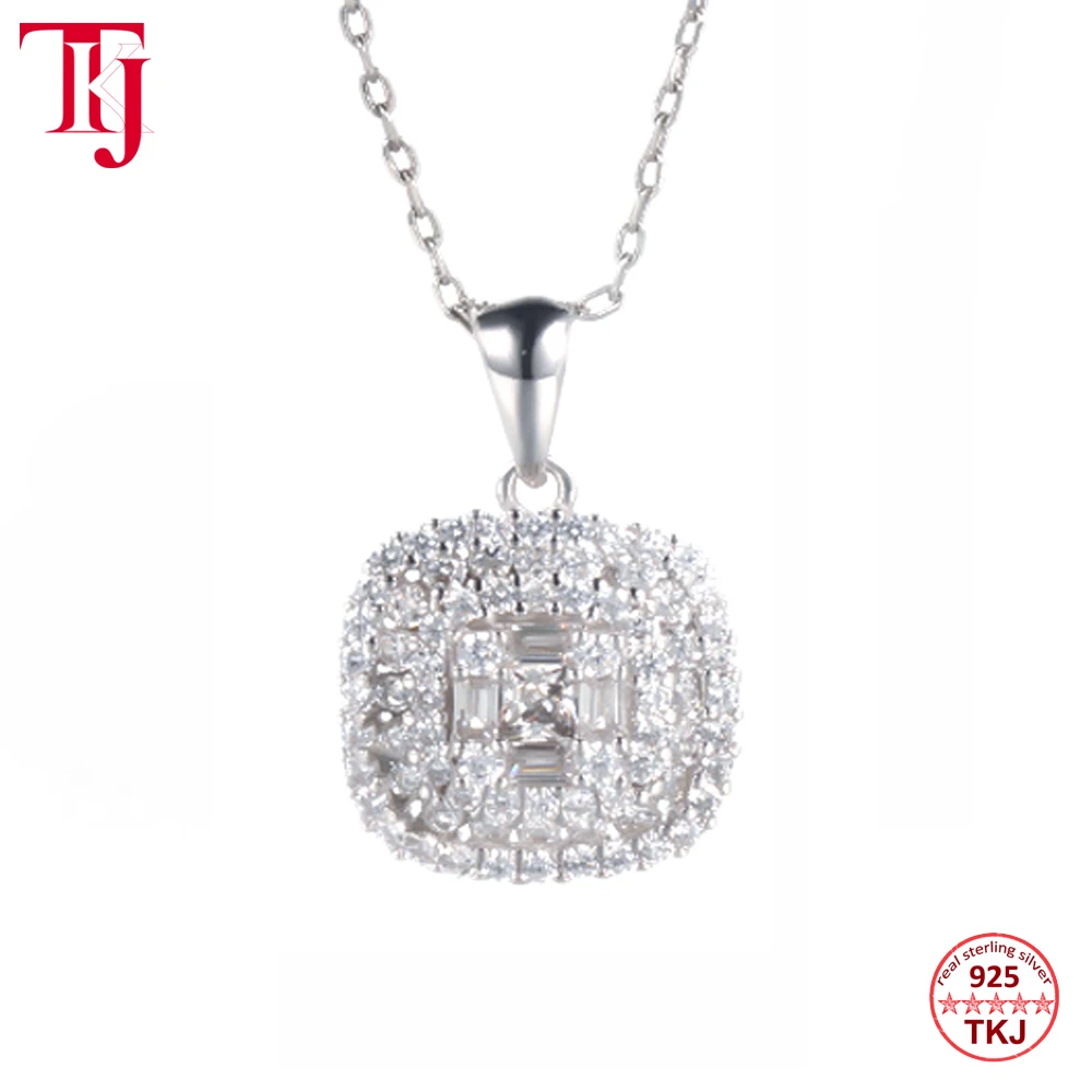 

3mm Cubic Zircon Pendant Necklace for Women 40cm 925 Sterling Silver Chain Fashion Square Shape Necklace for Mom Gift