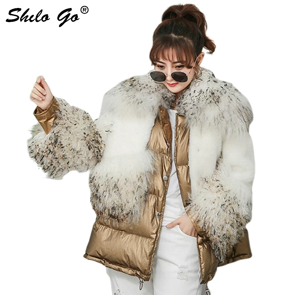 

Fur Coat Plus Size Multicolor Mongolia Sheep Fur Collar Cuff Cut-and-Sew Down Parkas Women Winter Casual Button Front Outwear