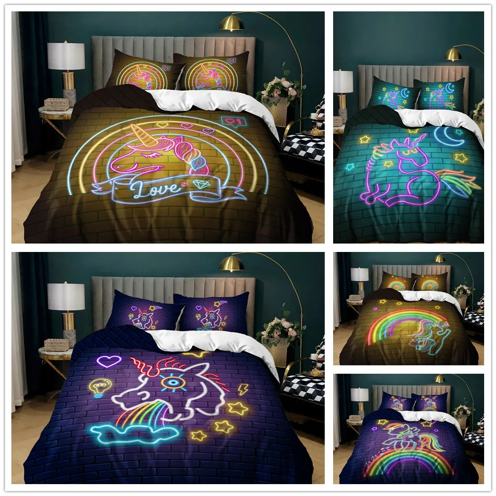 

3D Unicorn Rainbow colors Bedding Set Duvet Covers Pillowcases Cartoon Comforter Luxury Bedding Sets Bedclothes Girl Children