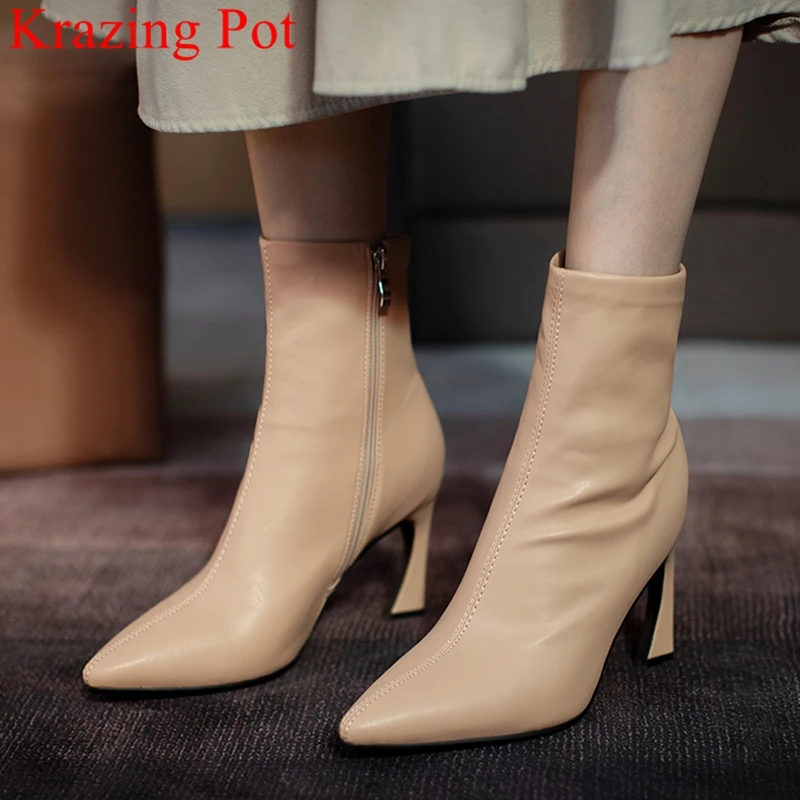 

Krazing Pot New Microfiber Concise Keep Warm Pointed Toe Low Heels Work Strange Style Zipper Office Lady Stretch Ankle Boots L11