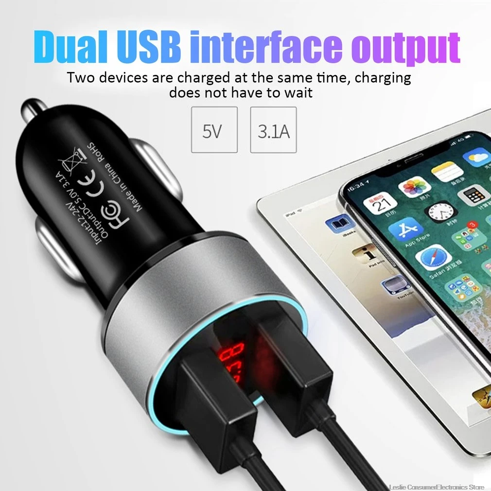 

Dual USB Car Charger Portable Car Cigarette Lighter With LED Display