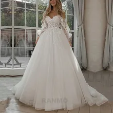 

RANMO Glitter Wedding Dresses Puff Sleeve Appliques Lace 3D Flowers off Shoulder Tulle Boho Bride Gown 2021 vestidos de novia