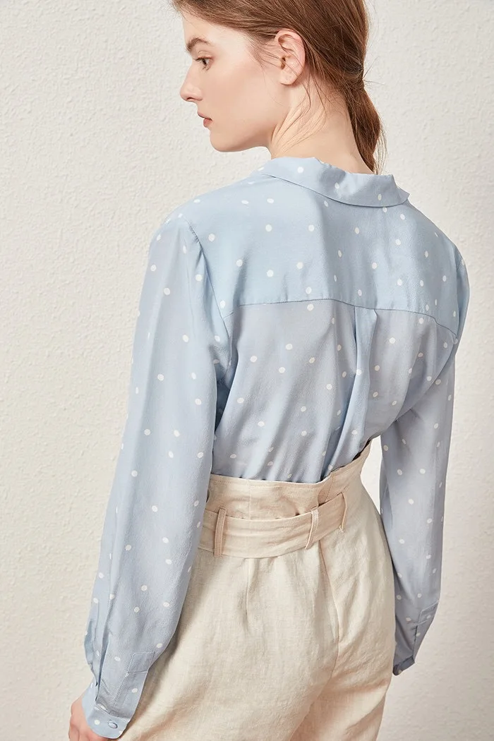 Polk Dot Print Женские рубашки из натурального шелка с длинным рукавом однобортные Элегантные Роскошные повседневные топы и блузки женская одежда