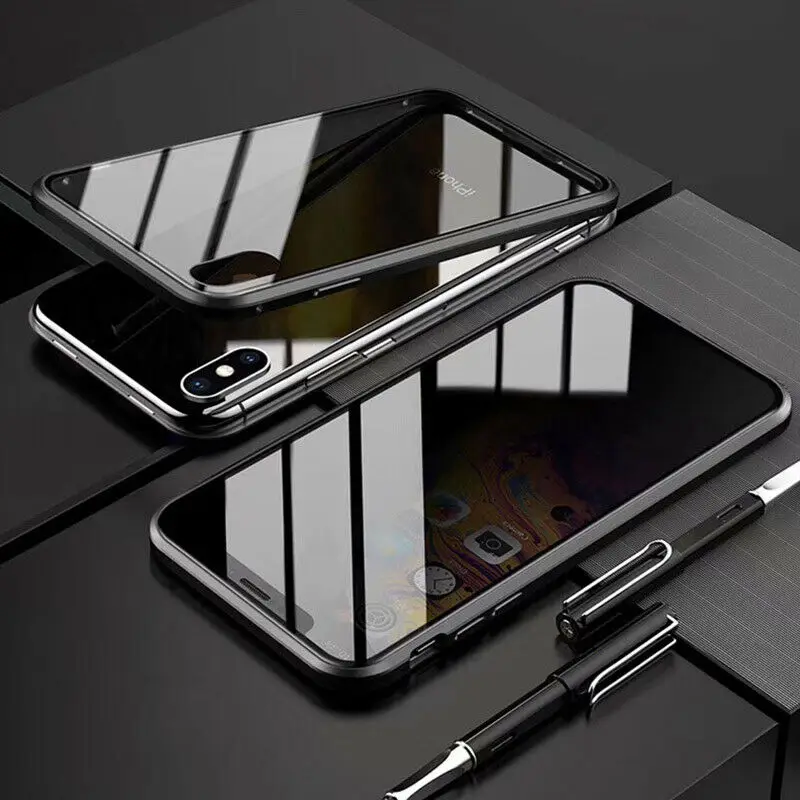 Магнитный анти-Открытый Анти-шпионский стеклянный чехол для телефона iPhone 6 7 8 X XS XR XSMAX стеклянный чехол для телефона - Цвет: Черный