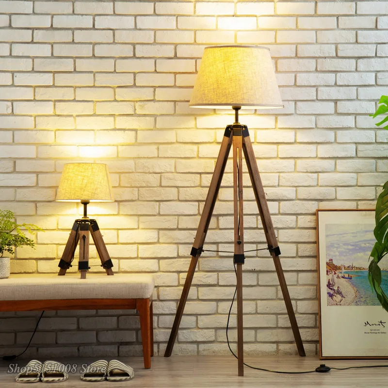 Напольные светильники с скандинавским триподом абажур из дерева и ткани штатив