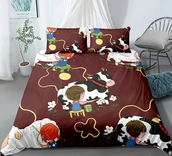 

2/3 Pieces Cows Bedding Set Milking Cartoon Duvet Cover 3D Print Bedroom Home Textile Decor Brown Background Bed Quilt Cover