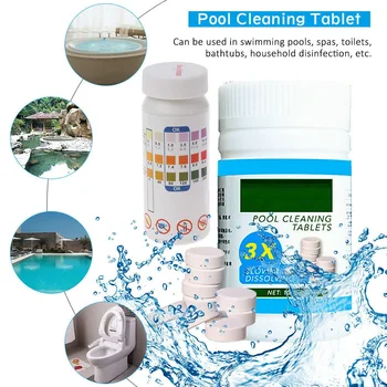 

50pcs Cleaning Chlorine Tablet+50pcs 3 IN 1 PH Test Strips For Pool Hot Tub SPA For Test Free Chlorine Bromine PH