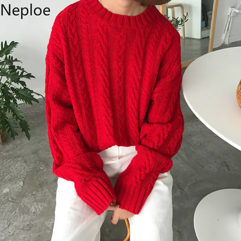 Neploe корейский Винтаж Свободный дикий твист вязаный свитер для женщин Crazy style Толстый Пуловер с круглым вырезом однотонный Pull Femme Hiver 46543