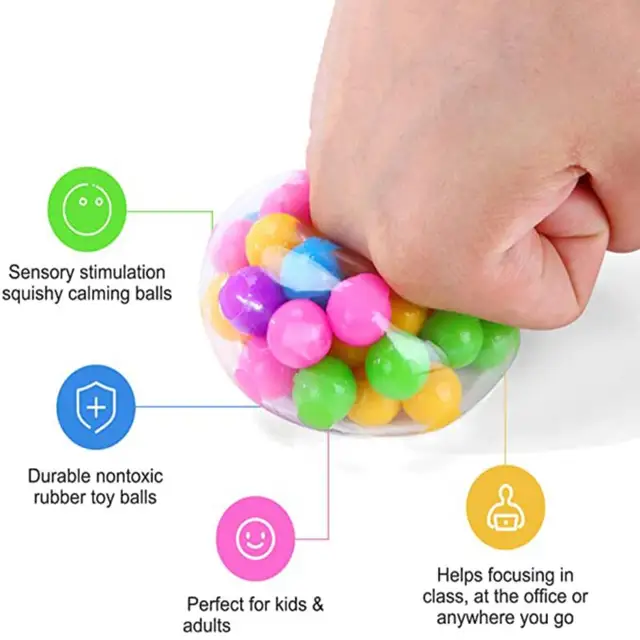 Rainbow Pressure Ball Fidget Sensory Toy DNA Colored Beads Stress Relief Ball TPR Soft Glue Grape Burr Pinch Squeeze Kids Gift 1