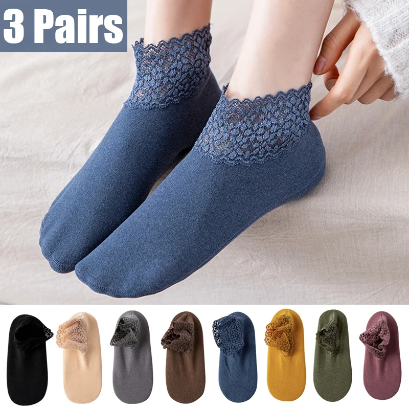 3 Pairs Women Winter Socks Warm Thicken Thermal Soft Solid Color Socks Wool Cashmere Snow Boots Velvet Lace Home Floor Sock