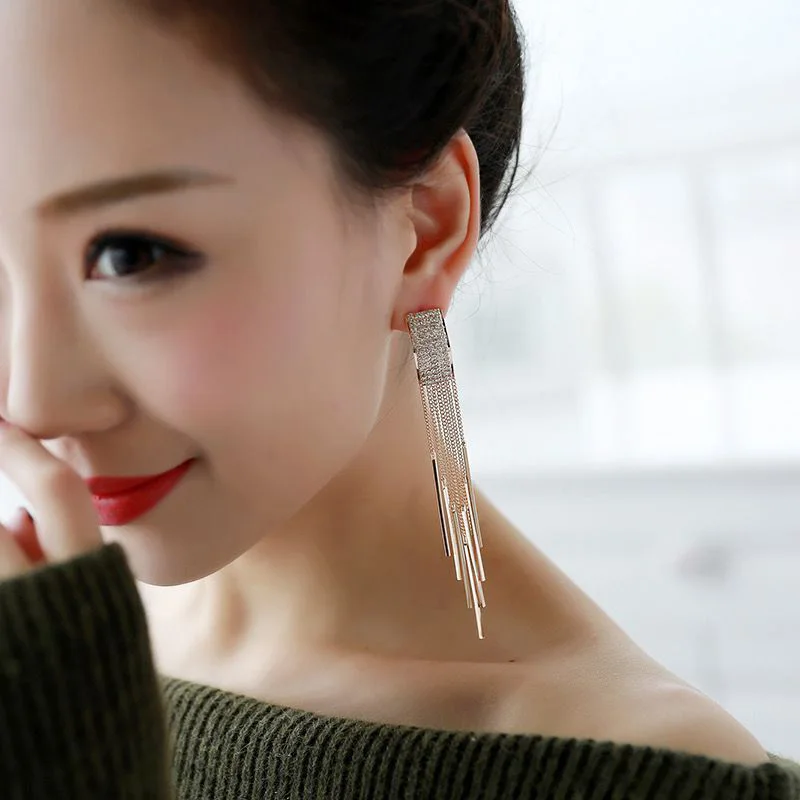 Gold Color Long Crystal Tassel clip on Earrings Without Piercing for Women Wedding Fashion Jewelry Gifts ear clip earrings,clip earrings,ear clip,ear accessories
