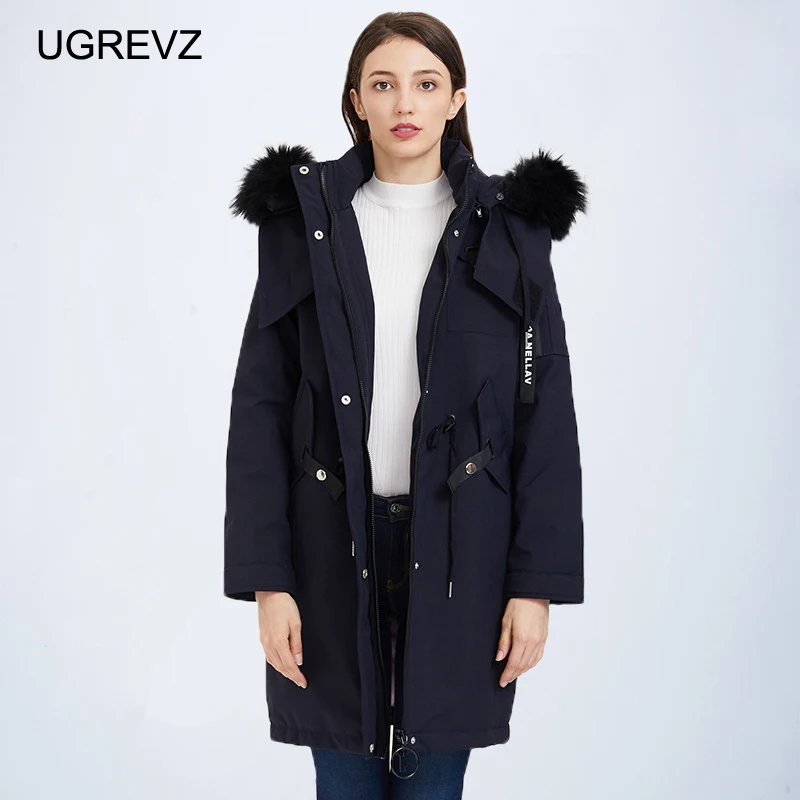 

UGREVZ big real fur collar hooded goose Down Jacket female plus size longer thicker warm goose down jackets for cold weather