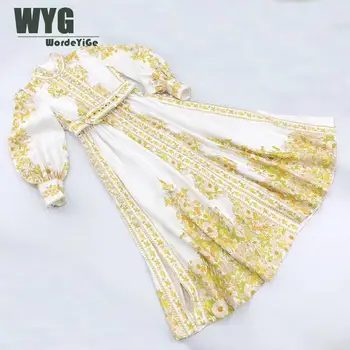 

Australia Fashion Runway Dress Ladies High Quality Flowers Print Linen Long Lantern Sleeve Buttons Through Elegant Midi Dresses