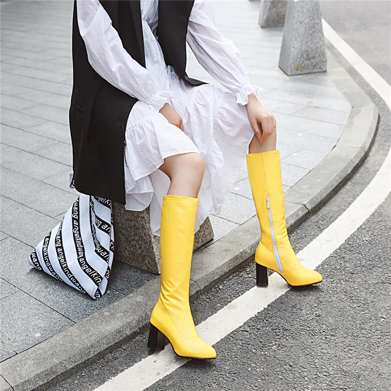 MoonMeek/ г. Новые осенне-зимние сапоги обувь на высоком каблуке с круглым носком на молнии женские сапоги до колена классические женские сапоги для выпускного вечера, большие размеры