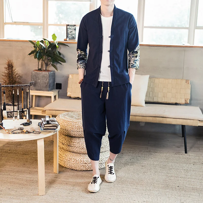 

2019 Summer Flax Three-quarter-length Sleeve Tops Capri Pants Set Men's Retro Chinese-style Clothes Pants Two-Piece Set