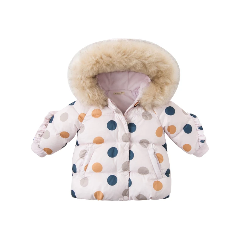 Dave bella/DBM11849, зимнее пуховое пальто для малышей Верхняя одежда в горошек с капюшоном и рюшами для девочек Детская куртка с подкладкой из 90% белого утиного пуха - Цвет: colorful dots