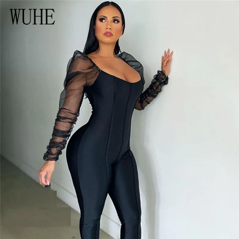 

WUHE Autumn Black Mesh Patchwork Sexy Jumpsuit Low O Neck Ruff Sleeve Bandage Skinny Rompers for Women One Pieces Overalls