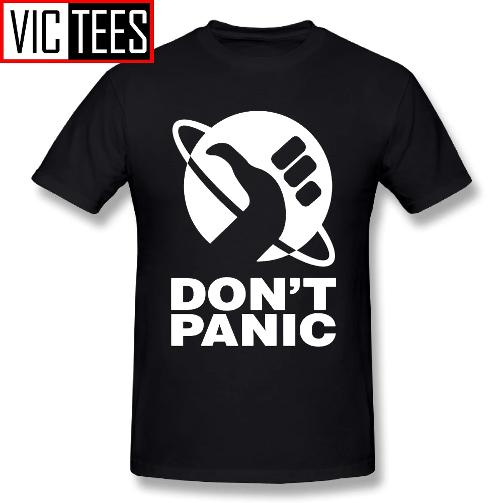 Мужская футболка с логотипом The Hitchhikers Guide To The Galaxy, Мужская футболка с принтом Don't Panic, мужская хлопковая Базовая футболка с принтом, круглый вырез - Цвет: Черный