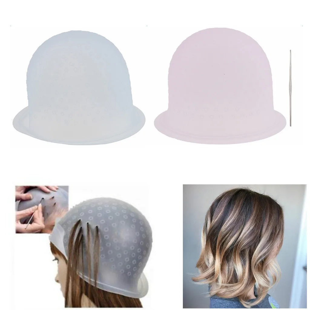 Reusable Salon Highlighting Dye Hair Coloring Frosting Cap + Metal Hook Hair Care Styling Accessories for Home Salon Barber Shop