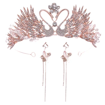 

Simulated Pearl Crystal Diadems For Queen Princess Swan Plate Crowns With Earrings Women Wedding Hair Accessories Bridal Jewelry
