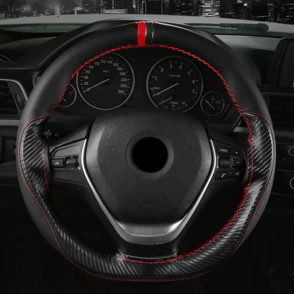 15 inch/38 cm Anti-slip Car Steering Wheel Cover DIY Carbon Fiber And Thread Soft Leather Auto Car Steering Wheel Covers - Название цвета: black
