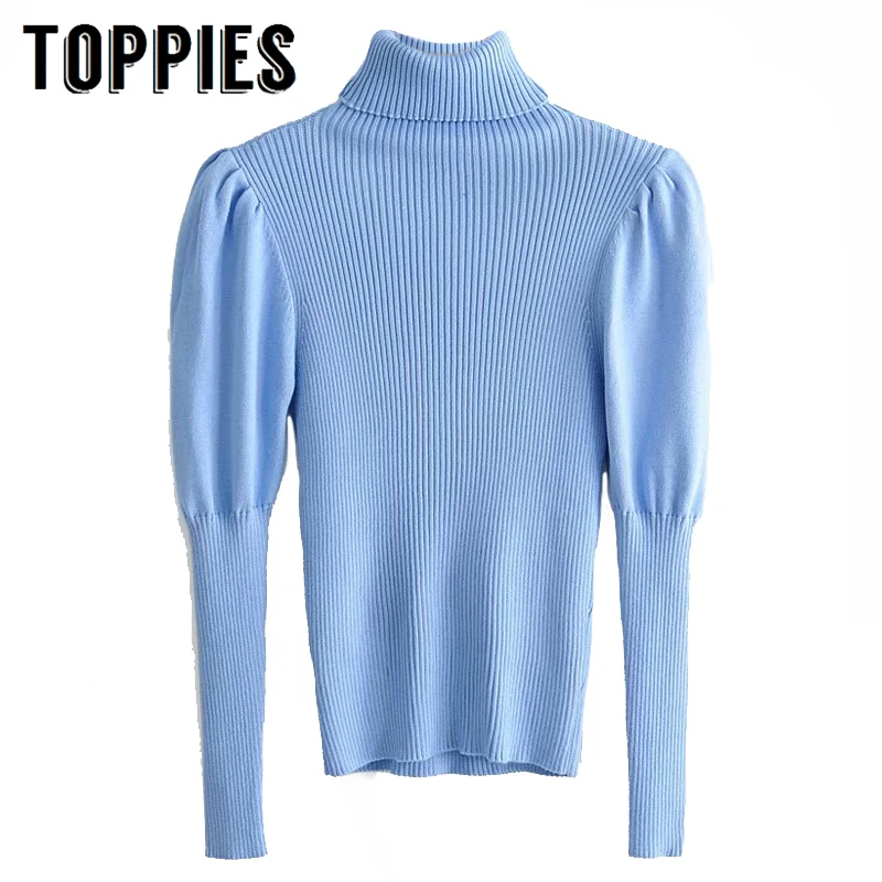 

Puff Sleeve Turtleneck Sweater Women Skinny Knitted Sweater Black Blue Pullovers High Street Jumpers 2019 Fall