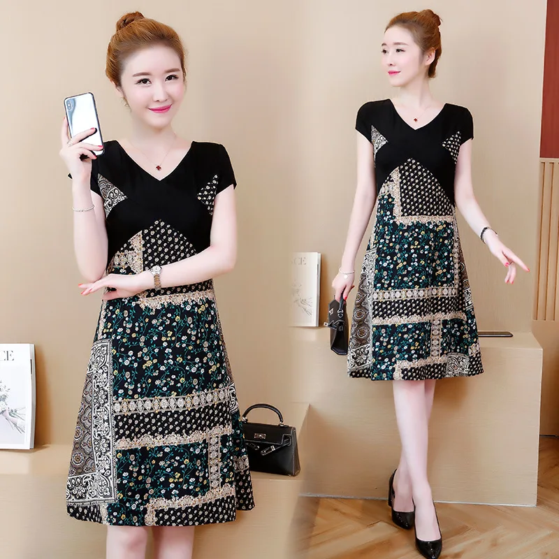 

Large Size Dress Large GIRL'S 2019 Spring Summer New Style WOMEN'S Dress Printed Mid-length Short Sleeve Casual Full Body Dress