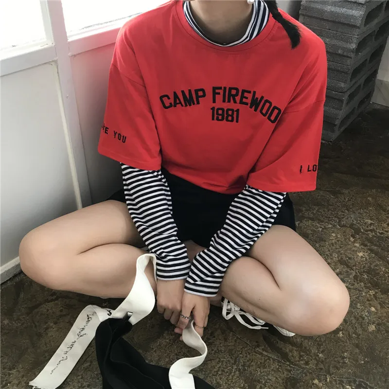 Harajuku/футболка с длинными рукавами, Весенняя новинка, kpop, Женский Топ, ulzzang, свободная, дикая, повседневная, с высоким воротом, поддельная, из двух частей, футболка, S-2XL