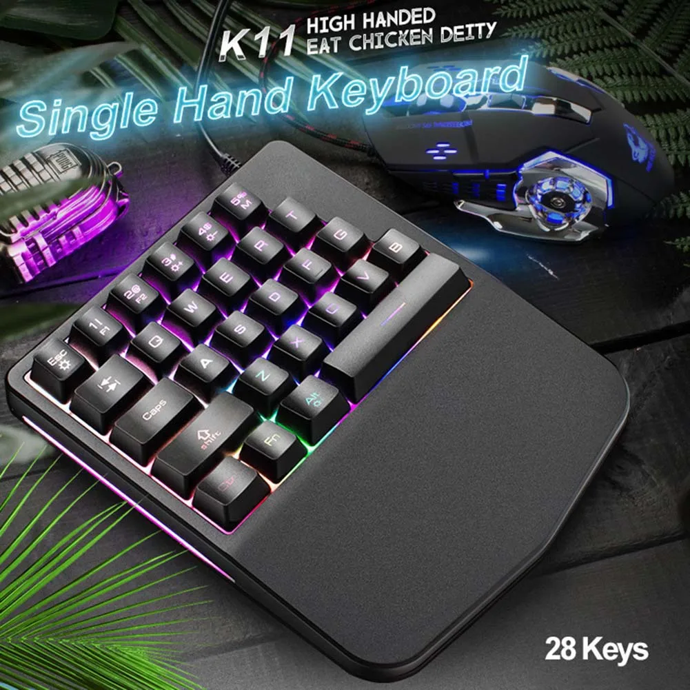  28 Keys Wired Mini Keyboard Rainbow Backlight One Hand USB Keypad for Dota OW PUBG Game LHB99