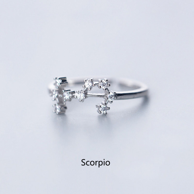Elegant Zodiac Sign Finger Rings for Women Silver Color Adjustable CZ Zircon Ring 12 Constellation Jewelry Birthday Gift