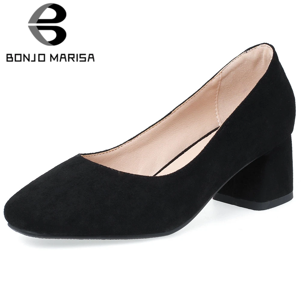 

BONJOMARISA Ladies Fashion Square Toe Pumps Elegant Solid Shallow Pumps Women 2020 Concise OL High Chunky Heels Shoes Woman