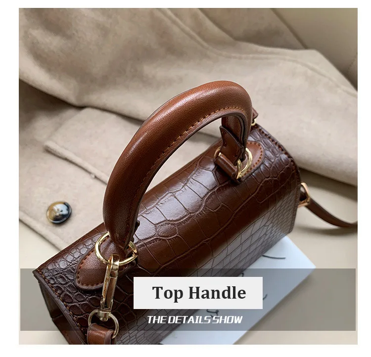 Women Small Top Handle Bag Luxury Brand Trapezoid Shaped Handbag for Women Girls Crocodile Print PU Leather Cross body Bag Beige (20) - 副本