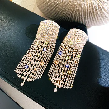 

USTAR Shiny Rhinestone Long Tassel Drop Earrings for Women Hyperbole Full Crystal Dangle Earrings Party Fashion Jewelry Gifts