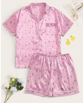 

Pajamas Set Women Printed Girls Sleepwear Satin Silk Short Sleeve Notch Collar Plus Size