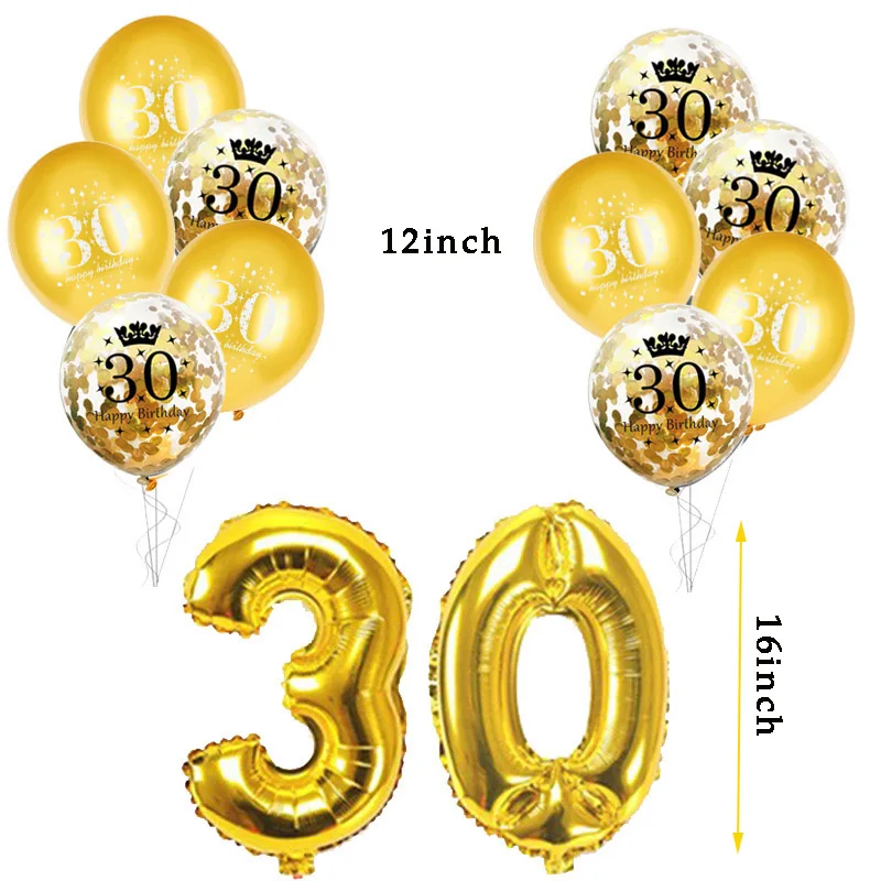 thumbnail image 1 of Globos de cumpleaños de 30, 40, 50 y 60 años, decoraciones para fiestas de cumpleaños número 30, globos dorados y negros para adultos, suministros para fiestas de cumpleaños, 1 of 5