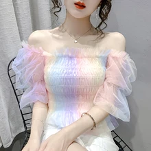 

2021 summer new age-reducing design sense niche net yarn short slim puff sleeve one-shoulder top women's clothing