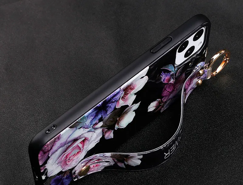 Diamond Texture Retro Flower Wrist Strap Case for Etui iPhone 8 Plus 6 6S 7 11 Pro Max Hard Phone Holder Cover for iPhone 11 XR