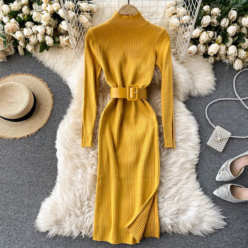 SINGRAIN Turtleneck Knitted Sweater Dress Women Design Split Long Sleeve Elastic Slim Dresses Autumn Winter Warm Korean | Женская одежда