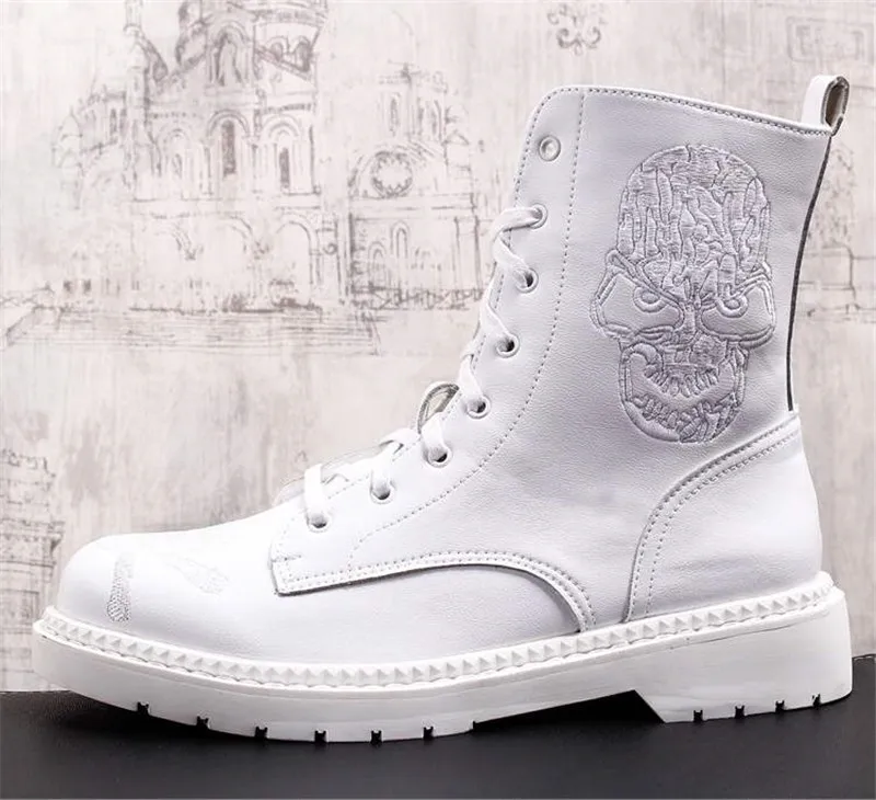 

Punk Popular Yellow Men Boots Genuine Leather Spring Autumn Shoes Male Skull Print High Top Shoes 5#15/15E50