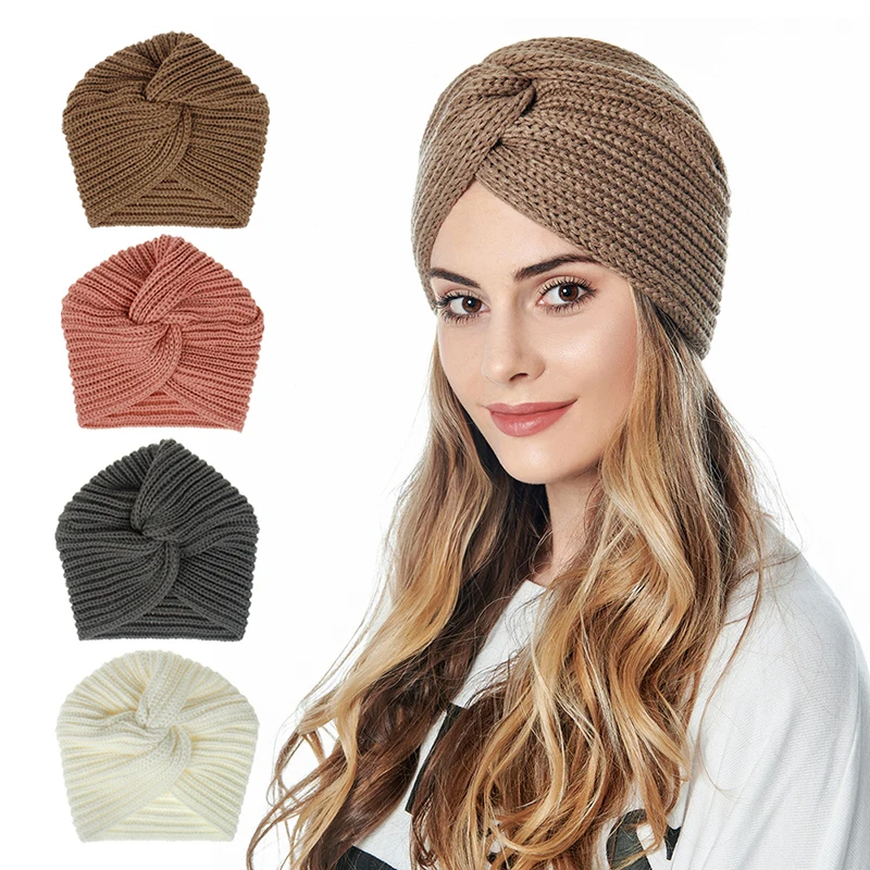 

Boho Style Women Knot Bandanas Fashion Knitting Warm Muslim Scarf 2020 Autumn Winter Turban Cap Solid Color Cross Headscarf