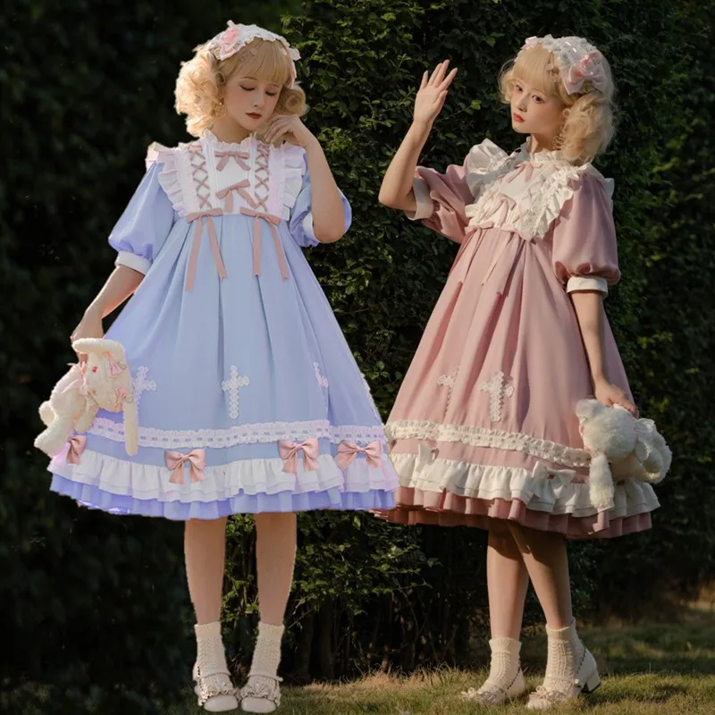 

Blue Pink Long Short Sleeve Lolita Op Kawaii Girls High Quality Anime Cosplay Costume Cross Bowknot Sweet Lolitas Women Dresses