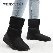 Зимние ботинки; женские водонепроницаемые теплые зимние ботильоны; Черная Женская обувь на платформе с мехом; нескользящая обувь на танкетке с молнией спереди; Bota Feminina;