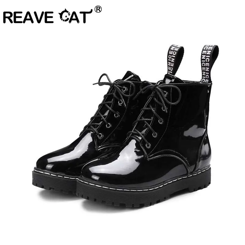 REAVE CAT/ботинки из лакированной кожи; женская обувь на платформе с круглым носком и перекрестной шнуровкой; женские осенние ботильоны для верховой езды; женские ботинки