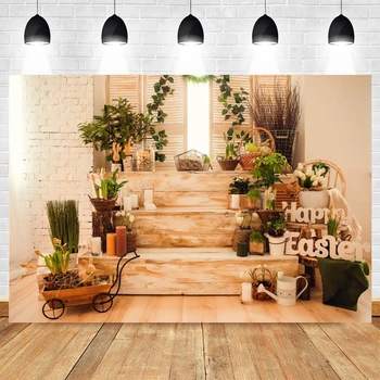 

Happy Easter Room Baby Portrait Wood Stairs Brick Wall Spring Photography Backdrop Photographic Background For Photo Studio Prop