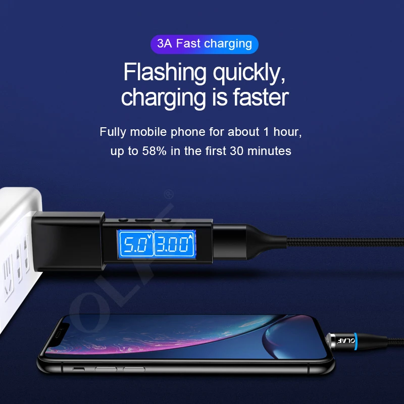 Магнитный кабель 3A Micro usb type C для samsung S10 S9 huawei, быстрая зарядка USB C, магнитный кабель для iPhone 11 X, шнур зарядного устройства 1 м 2 м