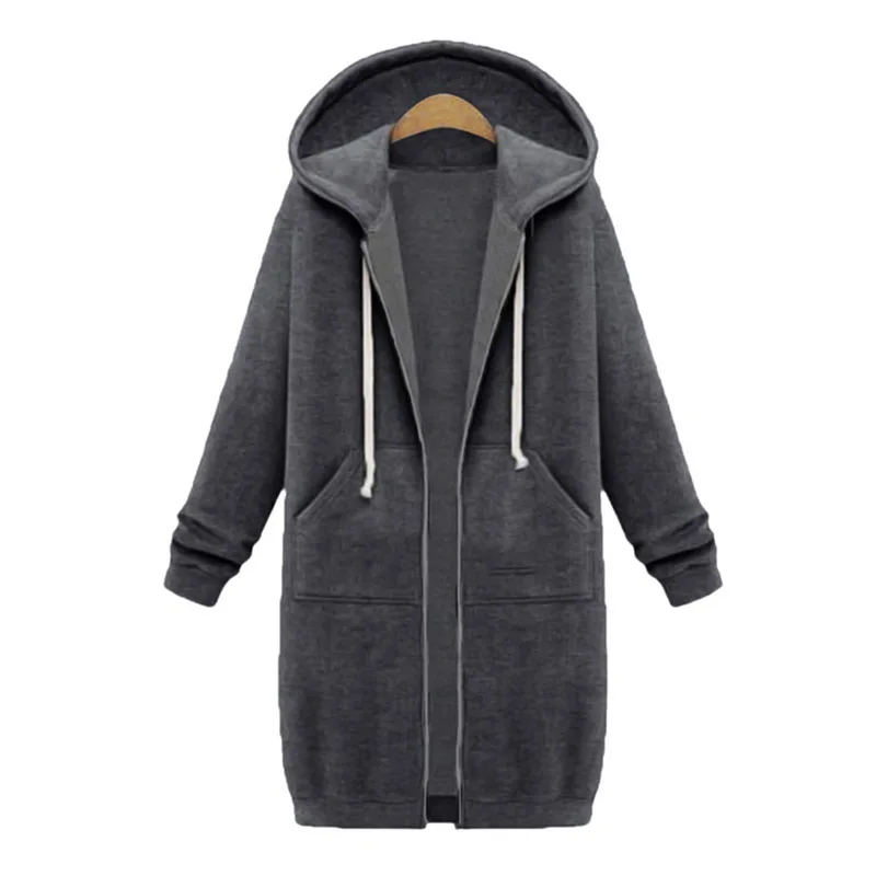 

CALOFE Trendy Women Hoodies Solid Color Overcoats Plus Velvet Hooded Jacket Autumn Pocket Long Sweatshirt Female Zipper Fly Coat