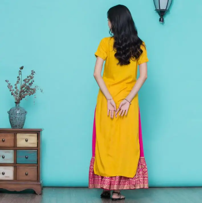 Новые женские модные комплекты в этническом стиле хлопок Индия Kurtas короткий рукав длинный желтый тонкий Топ Юбка