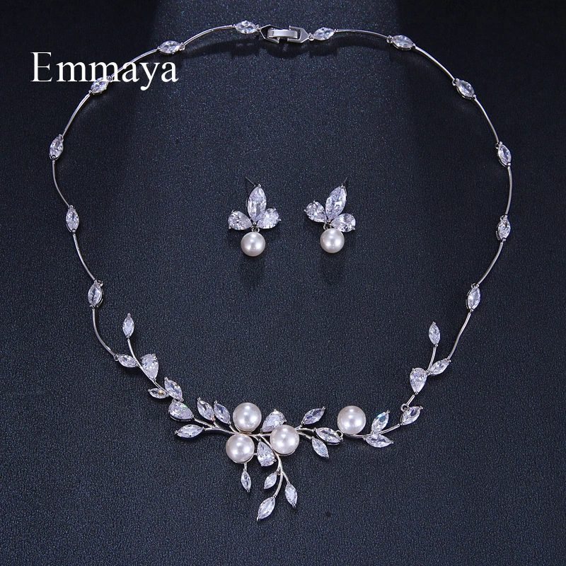 Роскошь emmaya стиль растущие листья с жемчугом кубический циркон элегантные комплекты ювелирных украшений серьги ожерелье для женщин вечерние