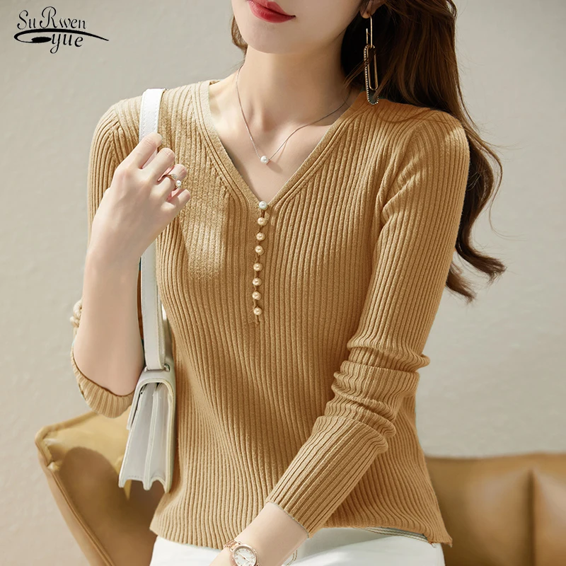 

Office Pullover Tops Autumn and Winter Sweaters Fashion V-neck Long Sleeve Knitted Sweater Women Beading Clothes Blusas 17397