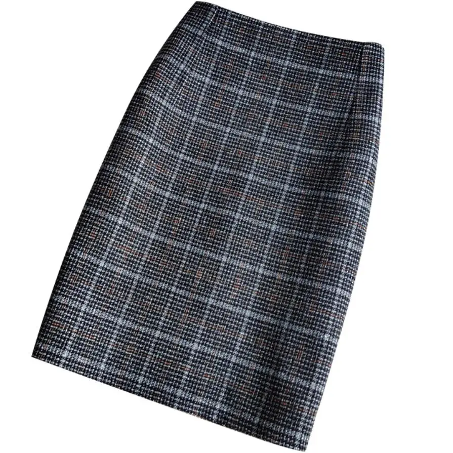 

Осенне-зимняя Клетчатая Шерстяная Женская юбка-карандаш с высокой талией и разрезом на бедрах